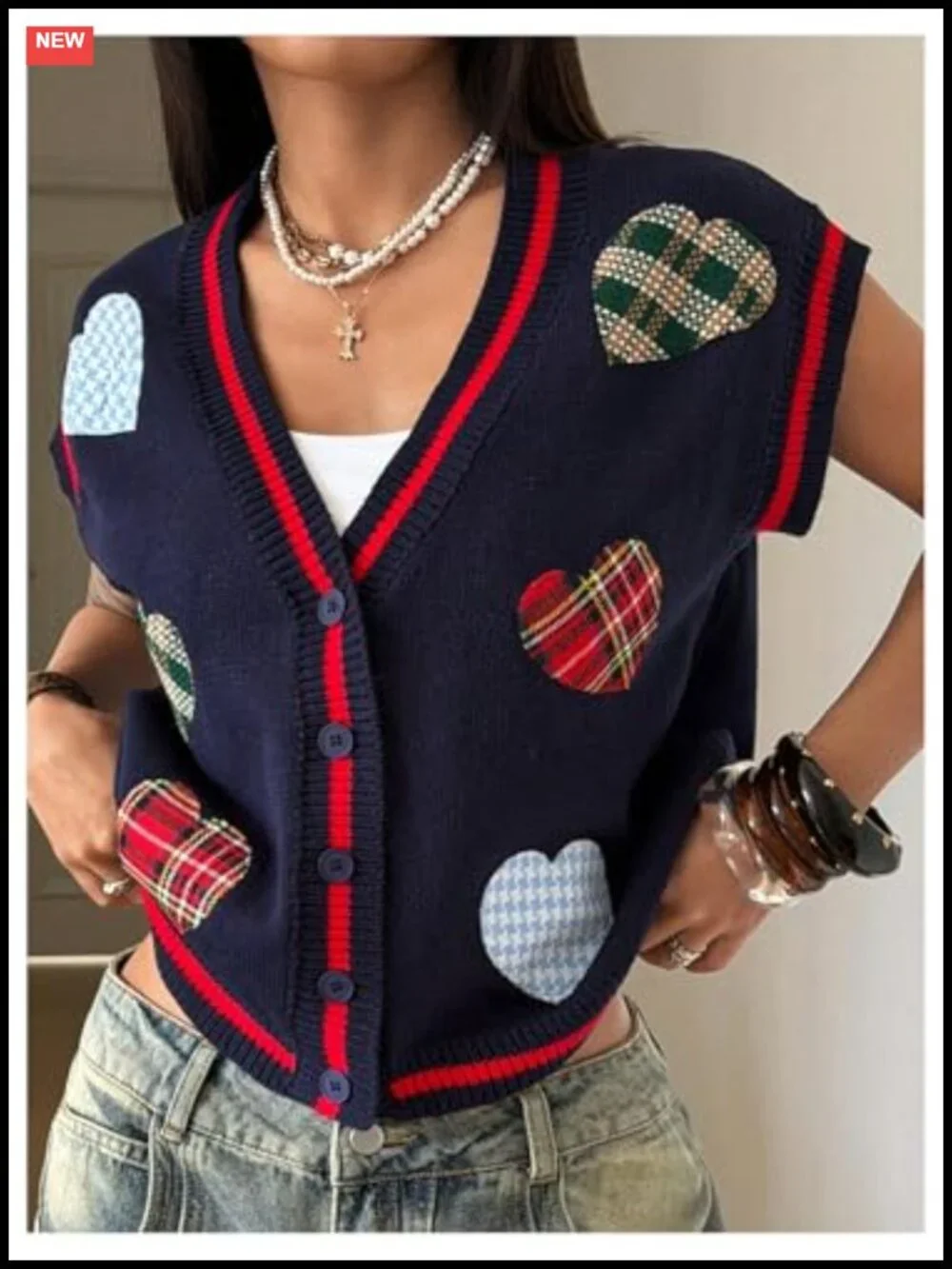 Women's V-Neck Sweater Vest with Heart Embroidery, Preppy Button-Front Short